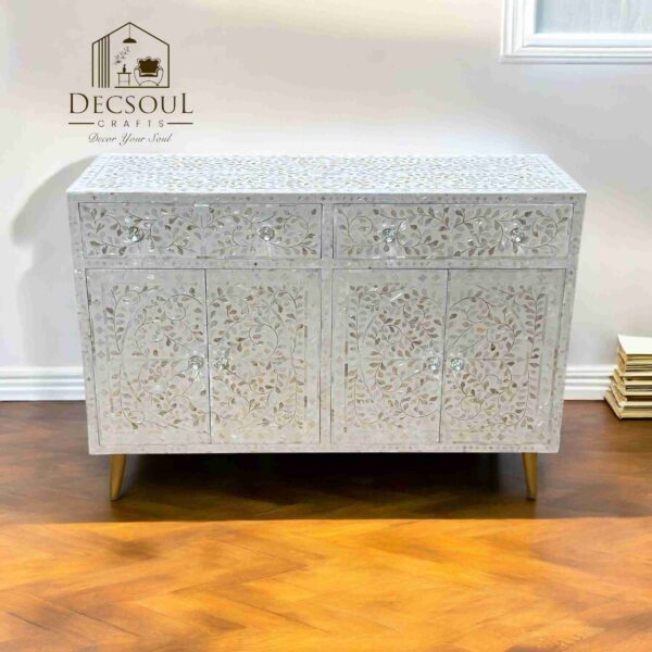 Mother of Pearl Inlay Cabinet - White with Floral Design