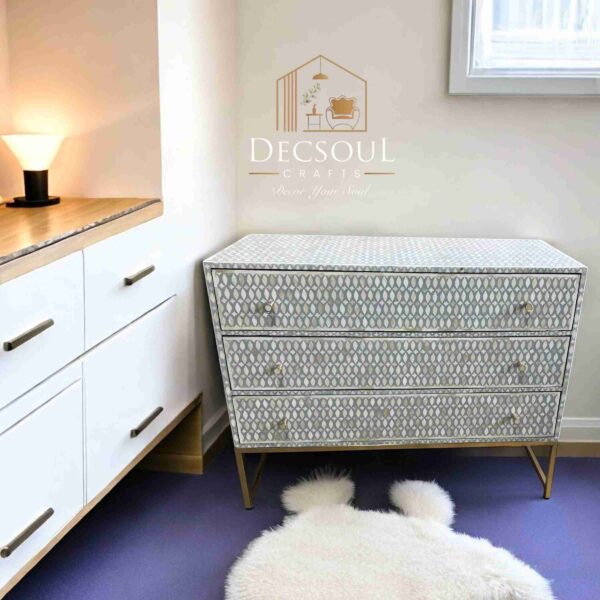 Bone Inlay Cabinet β Grey with Floral Design (3 Drawers)