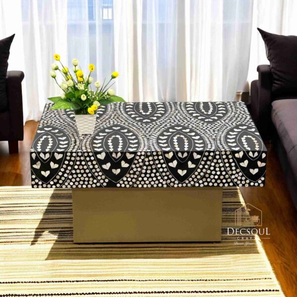 Mother of Pearl Inlay Coffee Table Black with Floral Design