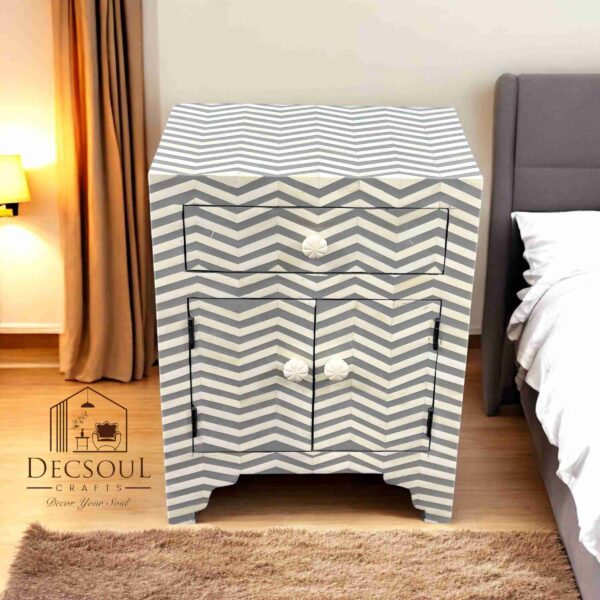 Bone Inlay Bedside Table β Grey with Strips Design