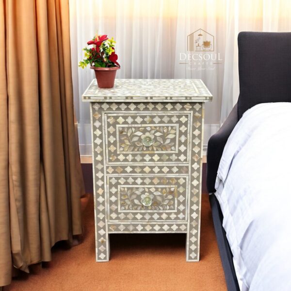 Bone Inlay Bedside Table – 2 Drawers