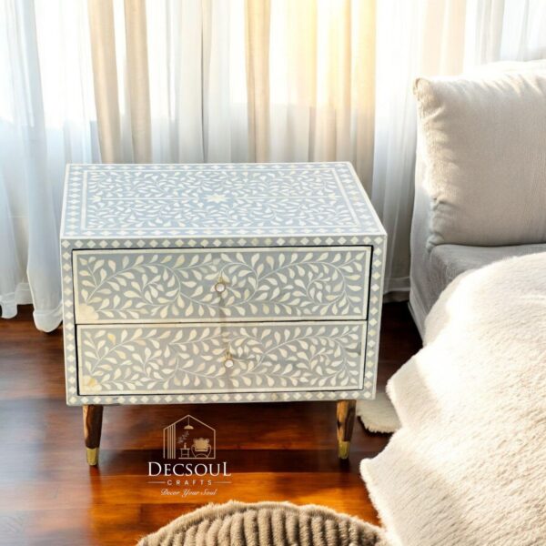 Bone Inlay Bedside Table – 2 Drawers